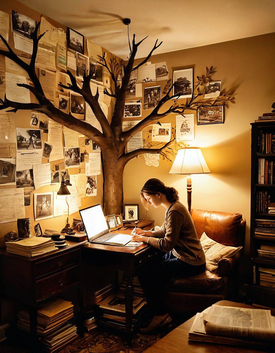A cozy study filled with family heirlooms, an open vintage scrapbook showcasing sepia-toned photographs and handwritten notes. A warm glow from a nearby lamp illuminates the space, while a thoughtful family member researches on a laptop, surrounded by old letters and maps. A tree of life mural on the wall symbolizes ancestral roots. super-realistic. warm colors. cozy atmosphere.