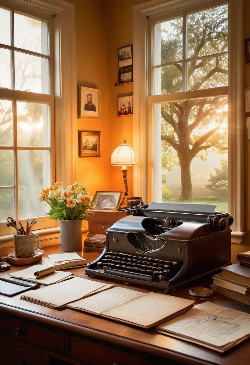 A beautifully arranged vintage writing desk surrounded by family photographs, old letters, and a glowing laptop reflecting the modern approach to documenting family history. In the background, a family tree illustration intertwines with a digital network, symbolizing the blend of tradition and technology. Warm sunlight filters through a window, creating an inviting atmosphere. nostalgic, cozy, detailed textures. vibrant colors.